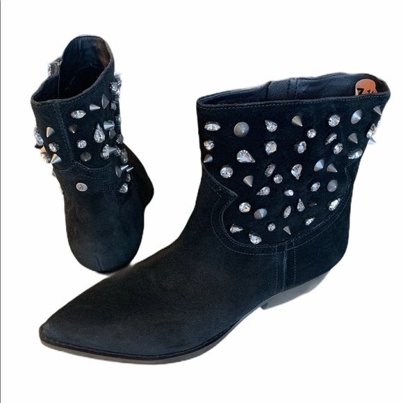 SAM EDELMAN Avril Black Suede Crystal Studded Ankle Rock Booties Size 7.5 - Picture 3 of 7